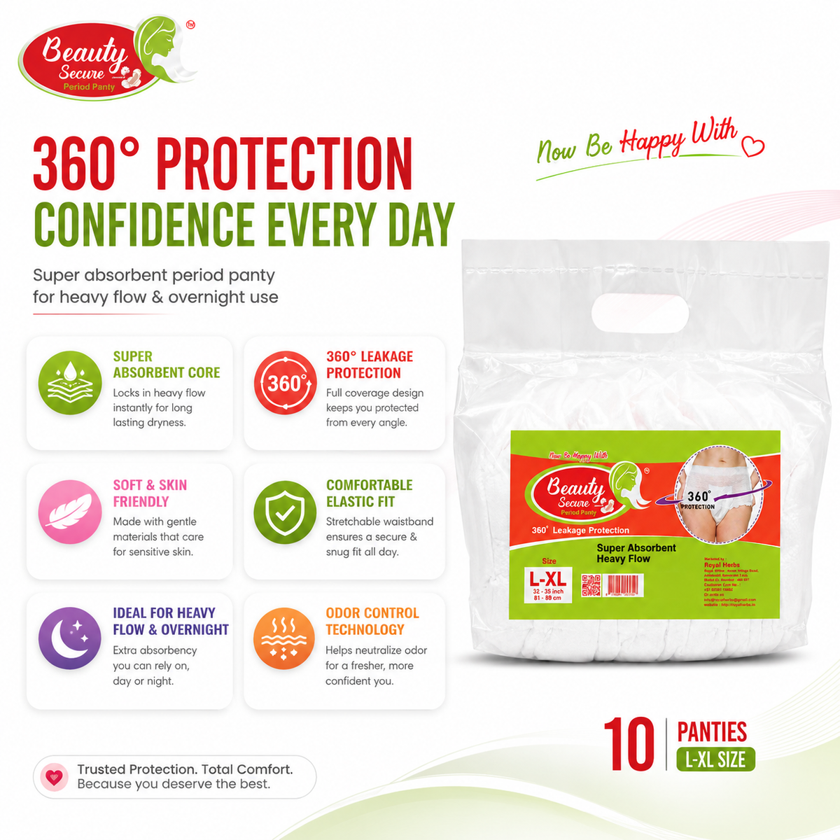 Beauty Secure Period Panty | 360° Protection | Super Absorbent Core | Soft & Skin Friendly Material | Comfortable Elastic Fit | Ideal for Heavy Flow & Overnight Use | Pack of 10