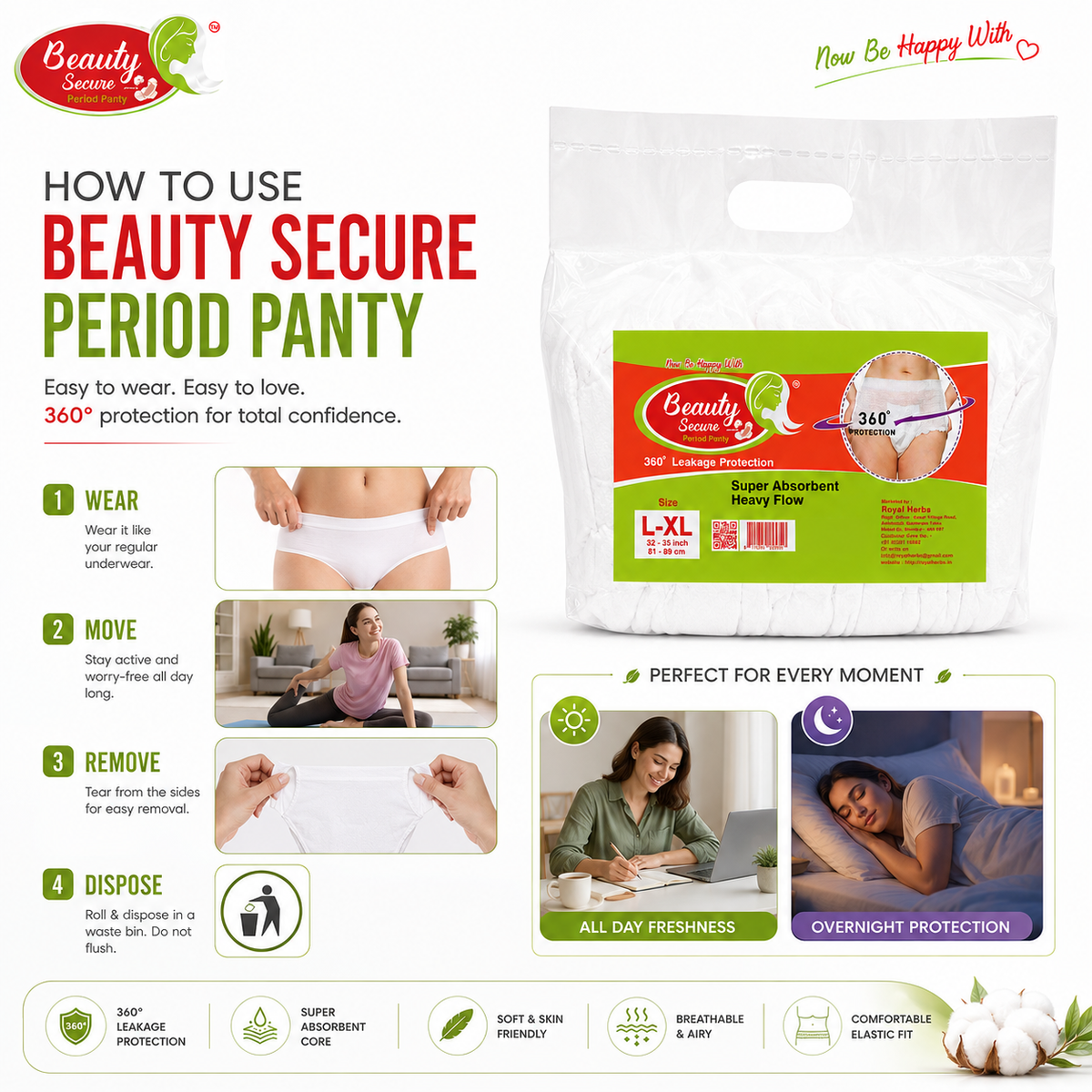 Beauty Secure Period Panty | 360° Protection | Super Absorbent Core | Soft & Skin Friendly Material | Comfortable Elastic Fit | Ideal for Heavy Flow & Overnight Use | Pack of 10