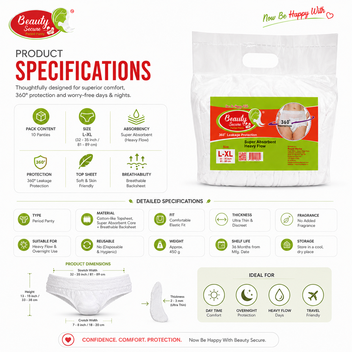 Beauty Secure Period Panty | 360° Protection | Super Absorbent Core | Soft & Skin Friendly Material | Comfortable Elastic Fit | Ideal for Heavy Flow & Overnight Use | Pack of 10