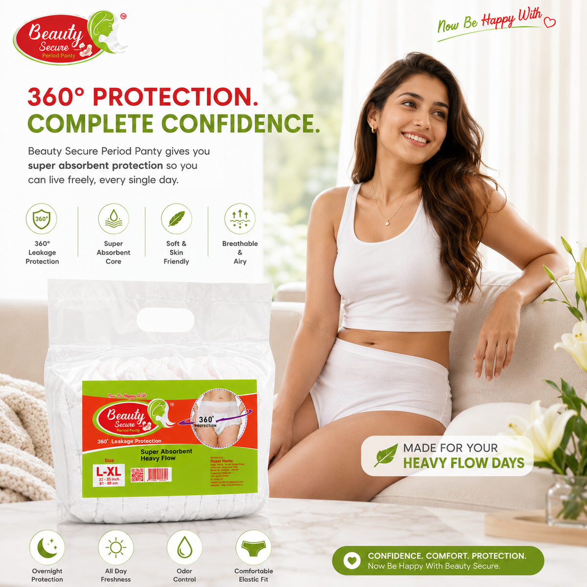 Beauty Secure Period Panty | 360° Protection | Super Absorbent Core | Soft & Skin Friendly Material | Comfortable Elastic Fit | Ideal for Heavy Flow & Overnight Use | Pack of 10
