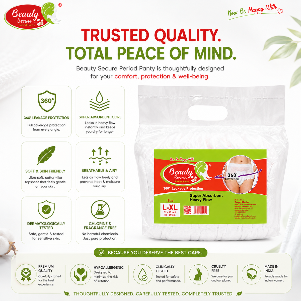 Beauty Secure Period Panty | 360° Protection | Super Absorbent Core | Soft & Skin Friendly Material | Comfortable Elastic Fit | Ideal for Heavy Flow & Overnight Use | Pack of 10