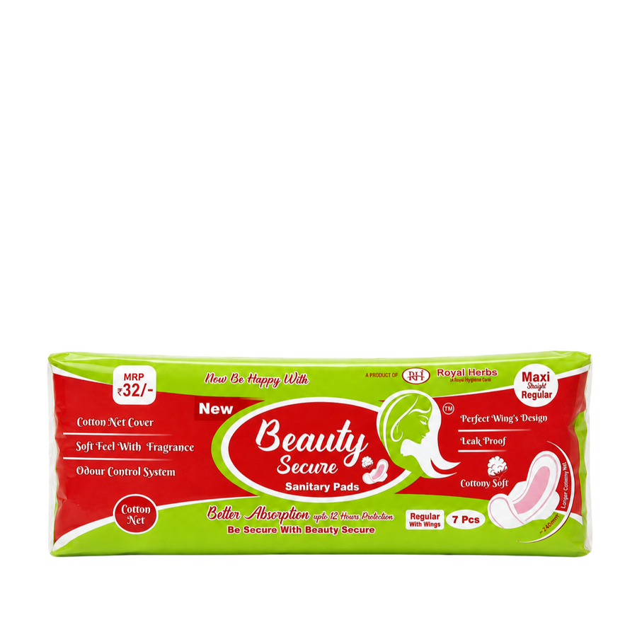 BeautySecure Sanitary Pads Maxi Straight Regular 240mm with Wings | Cotton Net Cover | Soft Feel with Fragrance | Odor Control System | Leak Proof | Up to 12 Hours Protection | Pack of 7 Pads