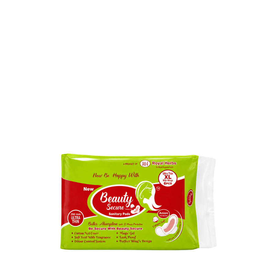 BeautySecure Ultra Thin Sanitary Pads XL 280mm with Wings | Cotton Net Cover | Soft Feel with Fragrance | Odor Control System | Leak Proof | Up to 12 Hours Protection | Pack of 6 Pads