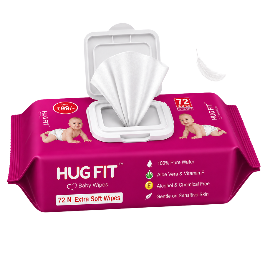 Hugfit Baby Wipes | Moisturizing & Nourishes Baby Skin | 100% Natural & Alcohol Free | Extra Soft & Thick | Aloe Vera & Vitamin E | 72 Wipes