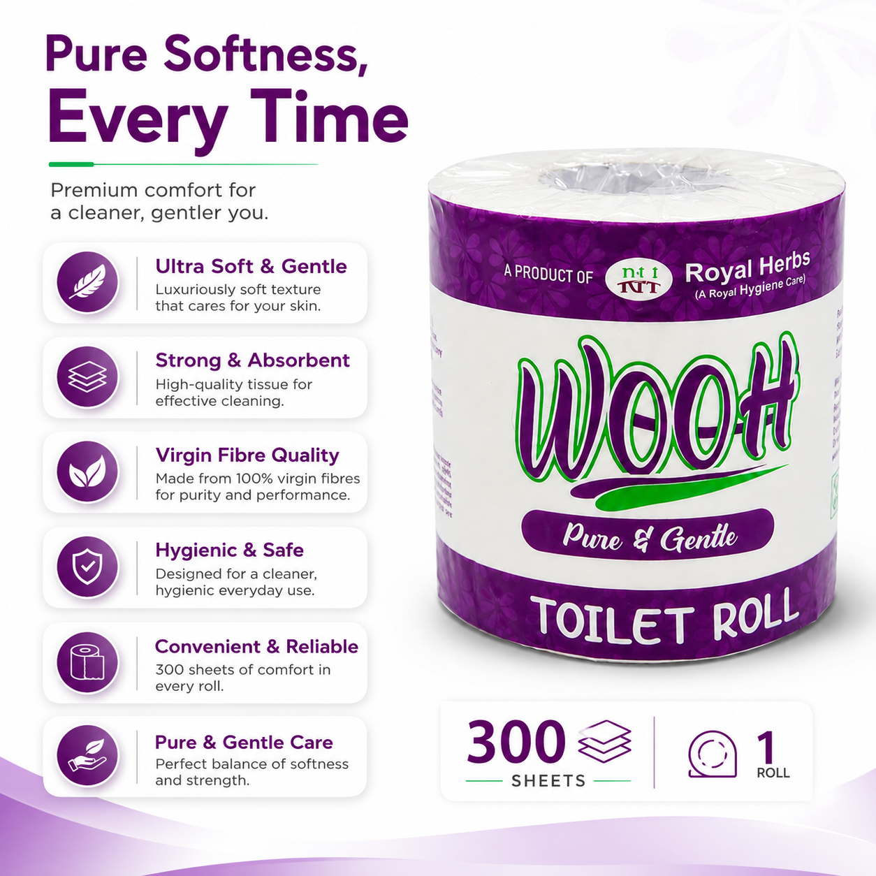 Wooh Toilet Roll 300 Sheets | Pure & Gentle | Soft Toilet Tissue | Virgin Fibre | Convenient & Hygienic | 1 Roll