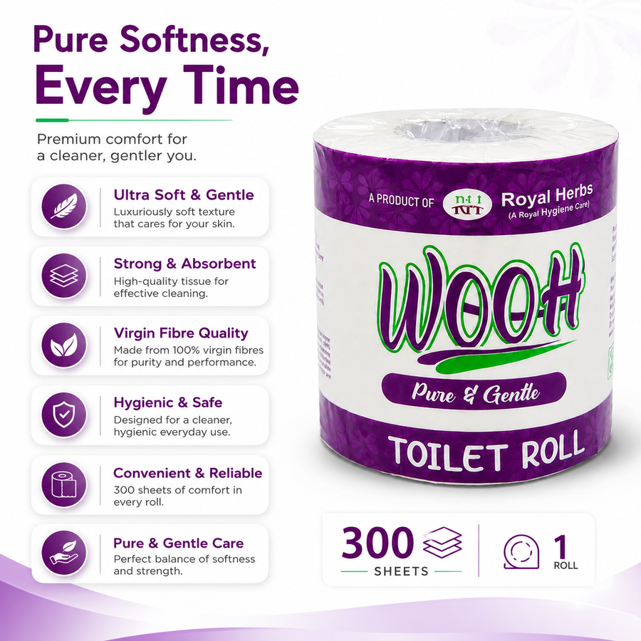 Wooh Toilet Roll 300 Sheets | Pure & Gentle | Soft Toilet Tissue | Virgin Fibre | Convenient & Hygienic | 1 Roll