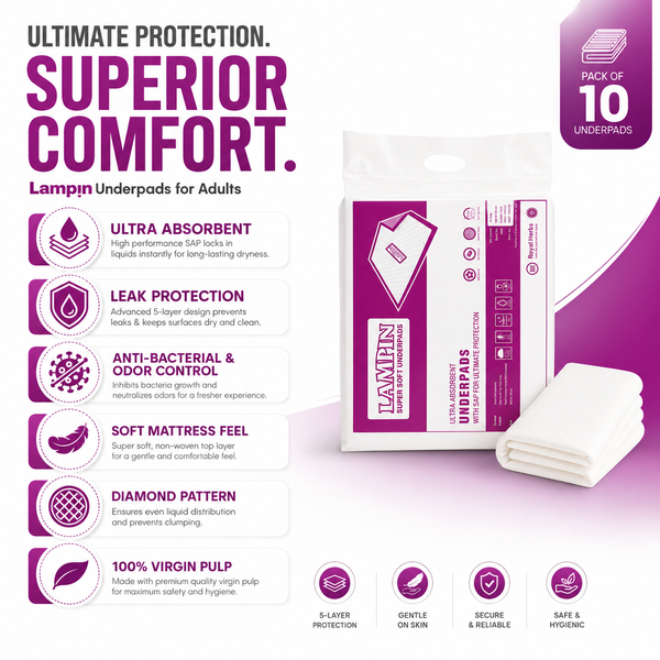 Lampin Ultra Absorbent Underpads for Adults | SAP Protection | Anti-Bacterial & Odor Control | Soft Mattress Feel | Diamond Pattern | 100% Virgin Pulp | Pack of 10