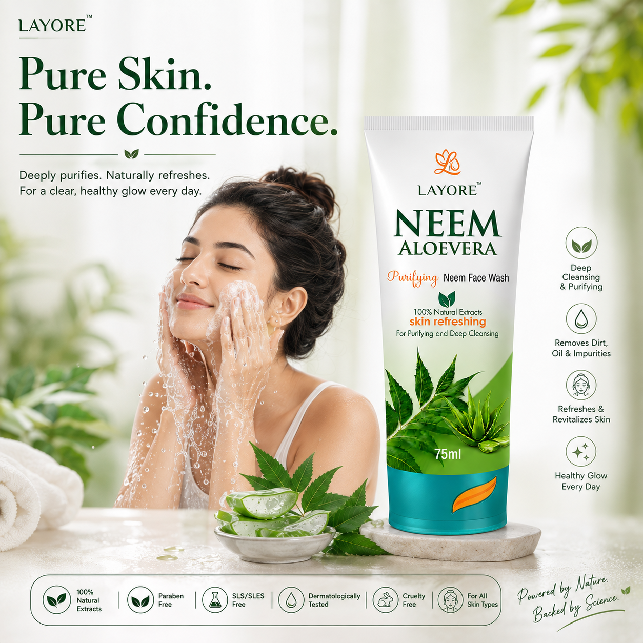 Layore Neem Face Wash 75ml | Purifying Neem Facewash | 100% Natural Extracts | Neem, Lemon & Aloe Vera Extracts | Deep Cleansing & Skin Refreshing