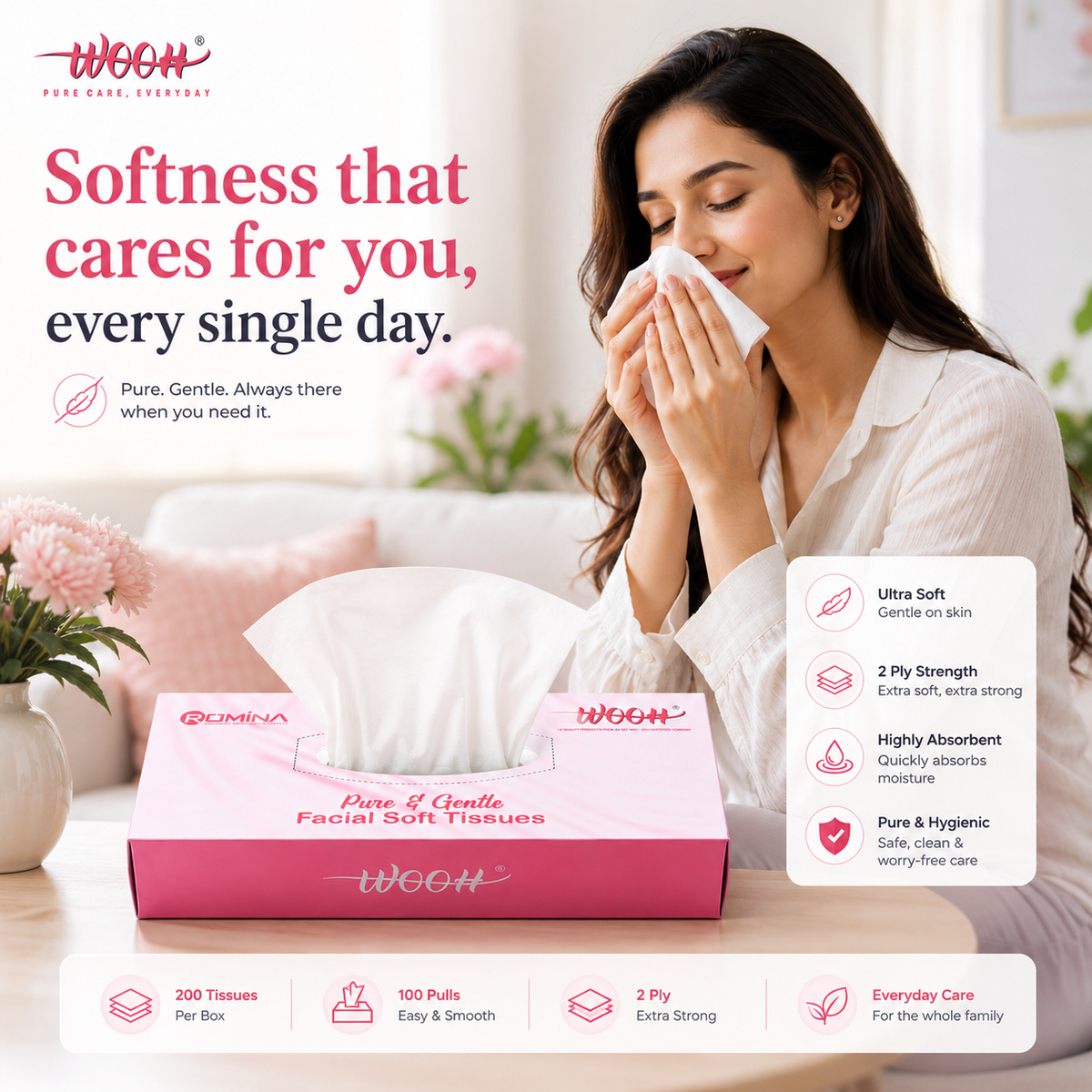 Wooh Facial Soft Tissues | Pure & Gentle | 2 Ply | 200 Tissues | 100 Pulls | Soft Facial Tissue for Everyday Use