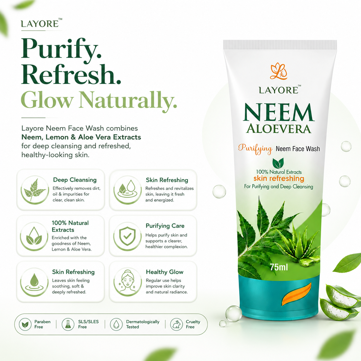 Layore Neem Face Wash 75ml | Purifying Neem Facewash | 100% Natural Extracts | Neem, Lemon & Aloe Vera Extracts | Deep Cleansing & Skin Refreshing