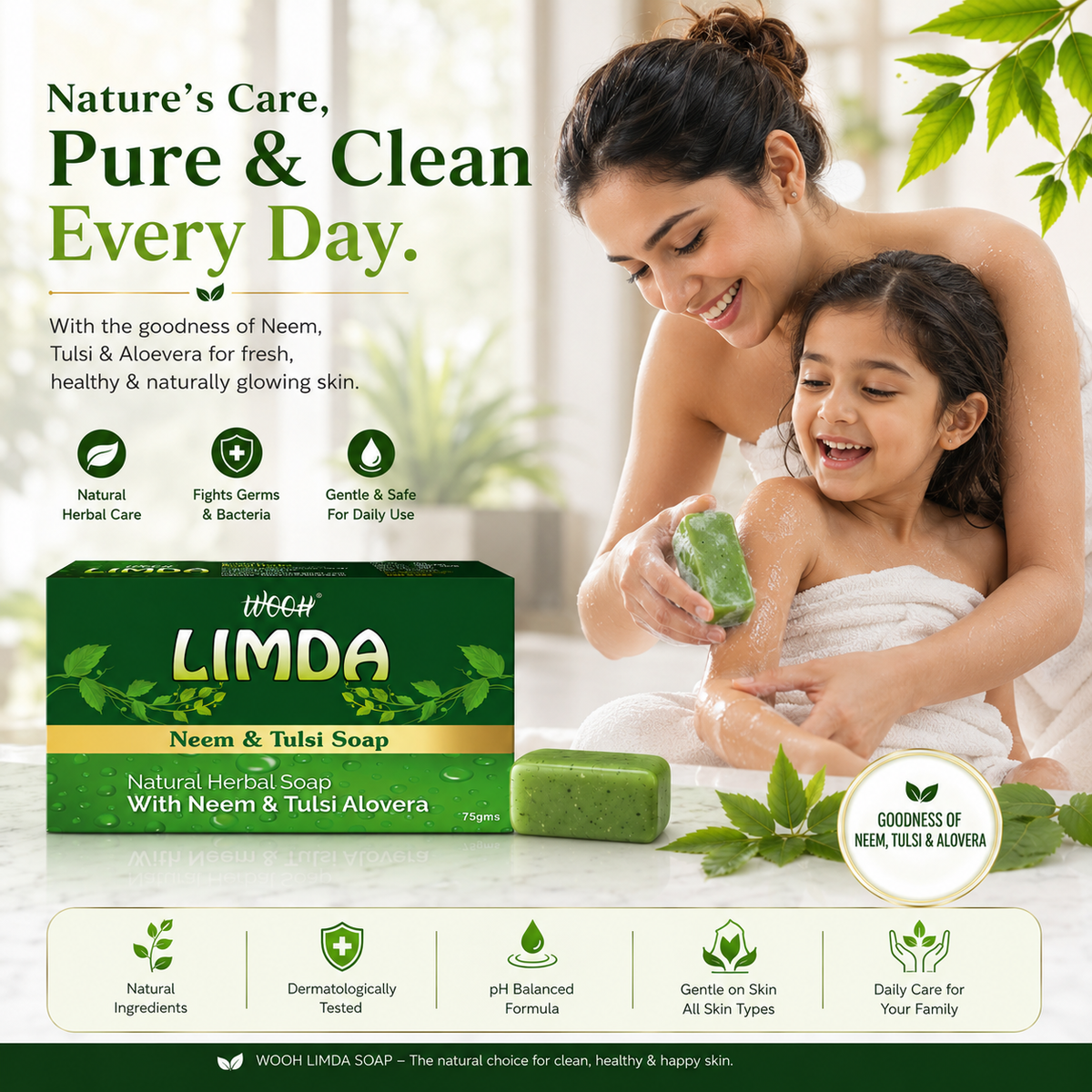 Wooh Limda Soap | Neem & Tulsi Soap | Herbal Personal Care Soap | Daily Skin Cleansing | 75g