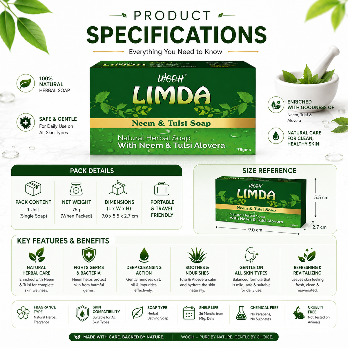Wooh Limda Soap | Neem & Tulsi Soap | Herbal Personal Care Soap | Daily Skin Cleansing | 75g