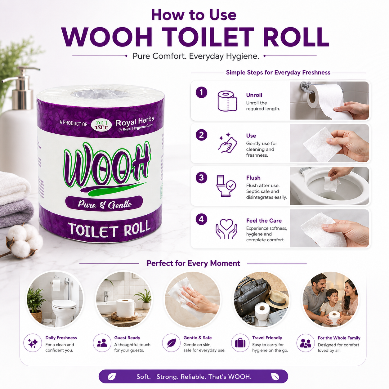 Wooh Toilet Roll 300 Sheets | Pure & Gentle | Soft Toilet Tissue | Virgin Fibre | Convenient & Hygienic | 1 Roll