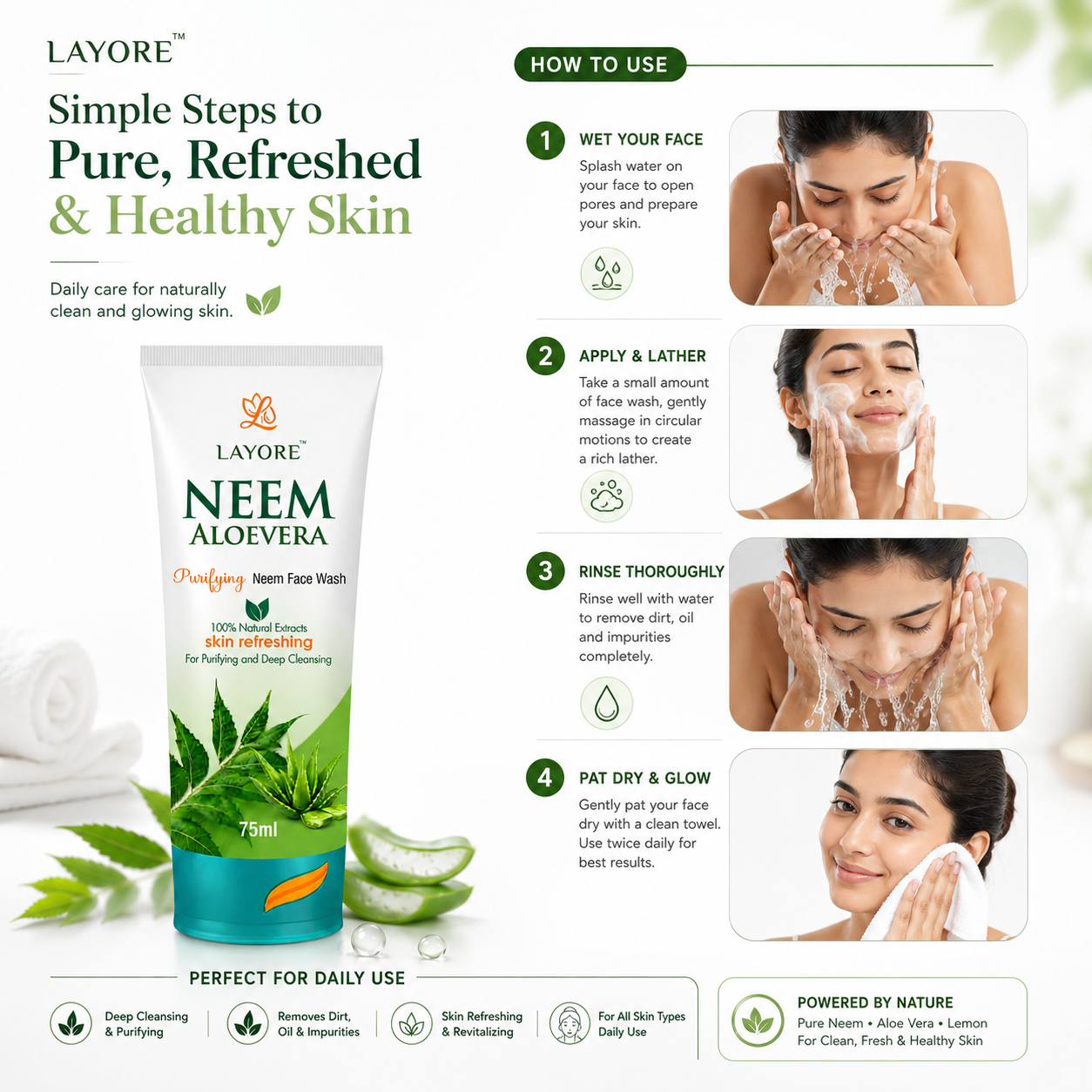 Layore Neem Face Wash 75ml | Purifying Neem Facewash | 100% Natural Extracts | Neem, Lemon & Aloe Vera Extracts | Deep Cleansing & Skin Refreshing