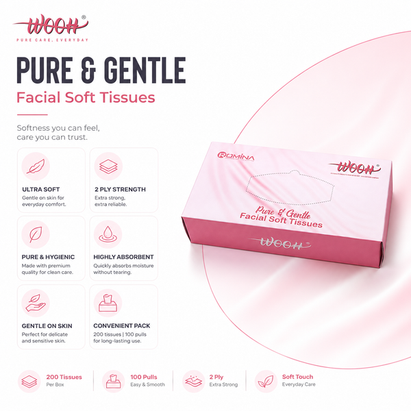 Wooh Facial Soft Tissues | Pure & Gentle | 2 Ply | 200 Tissues | 100 Pulls | Soft Facial Tissue for Everyday Use