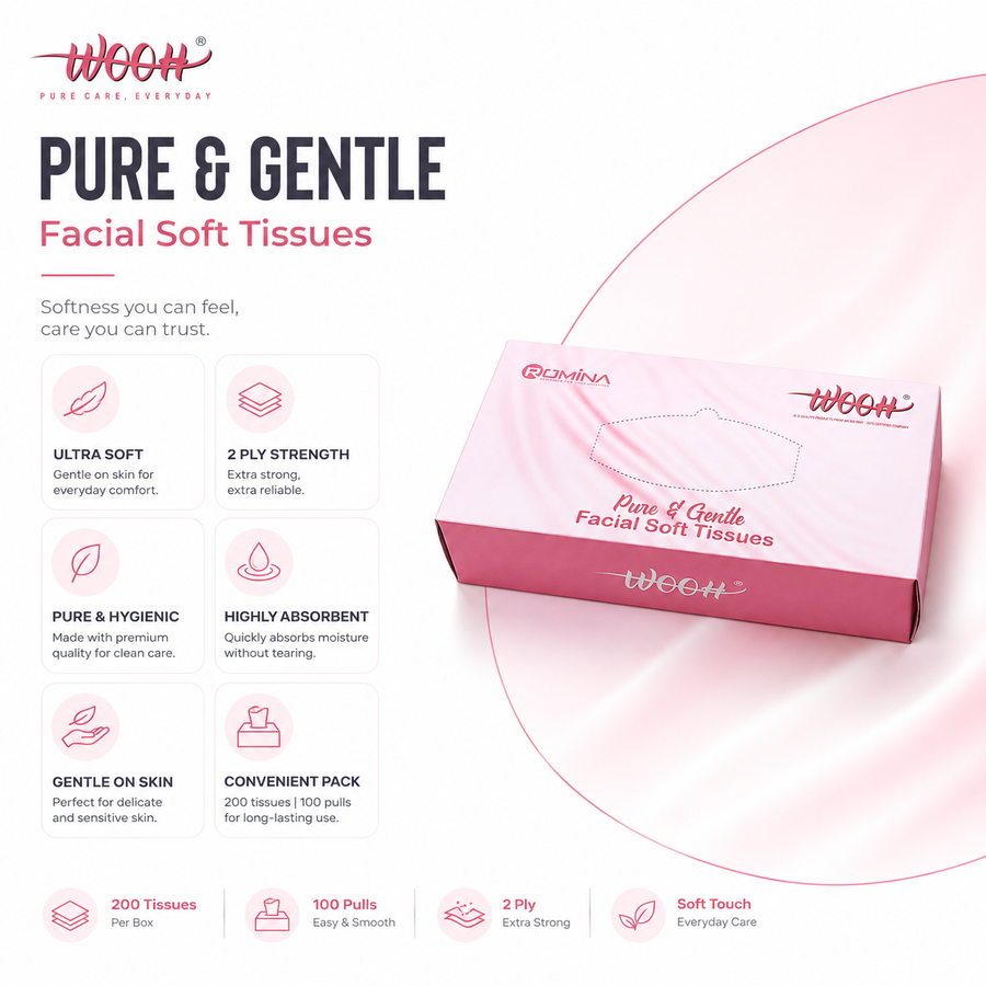 Wooh Facial Soft Tissues | Pure & Gentle | 2 Ply | 200 Tissues | 100 Pulls | Soft Facial Tissue for Everyday Use
