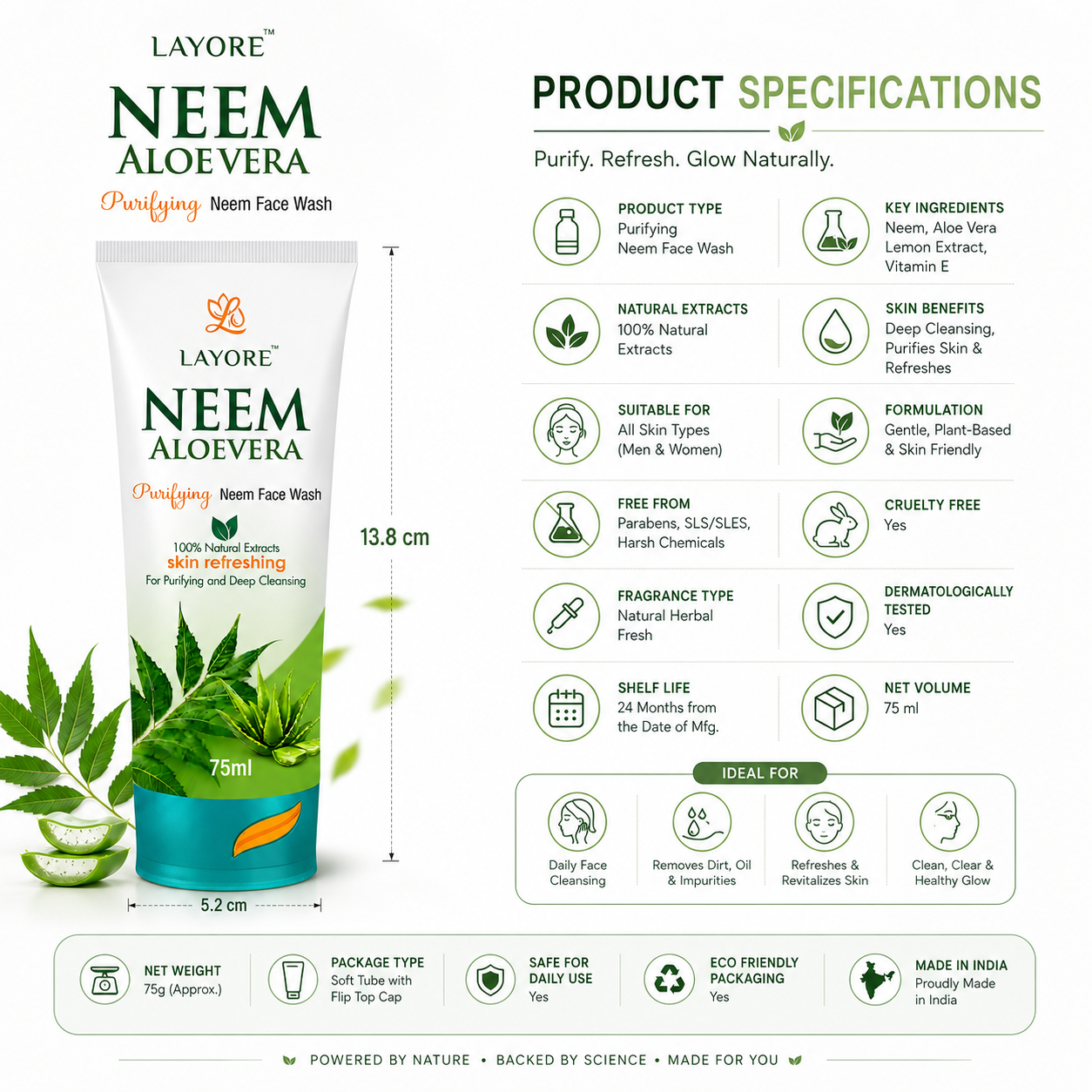 Layore Neem Face Wash 75ml | Purifying Neem Facewash | 100% Natural Extracts | Neem, Lemon & Aloe Vera Extracts | Deep Cleansing & Skin Refreshing