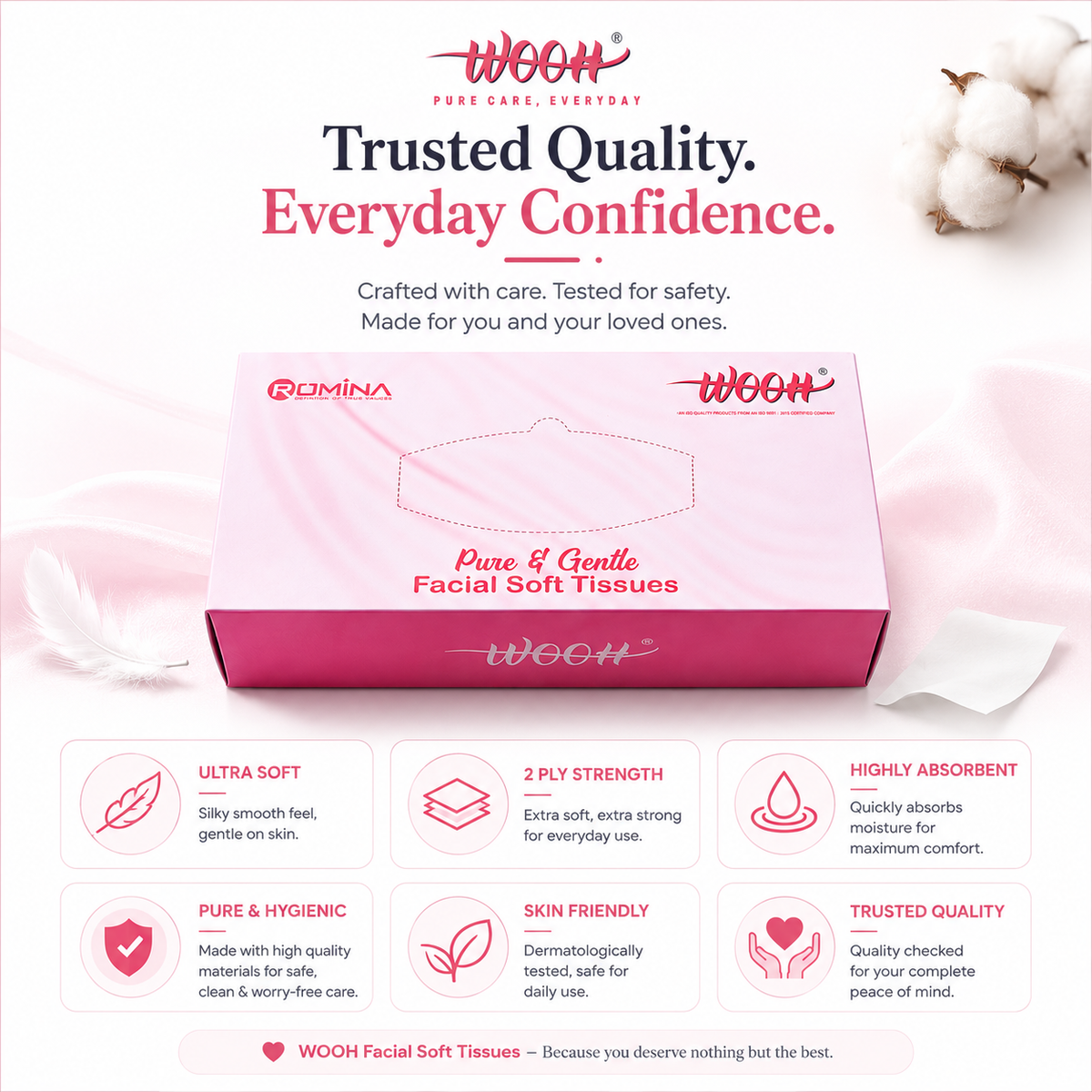Wooh Facial Soft Tissues | Pure & Gentle | 2 Ply | 200 Tissues | 100 Pulls | Soft Facial Tissue for Everyday Use
