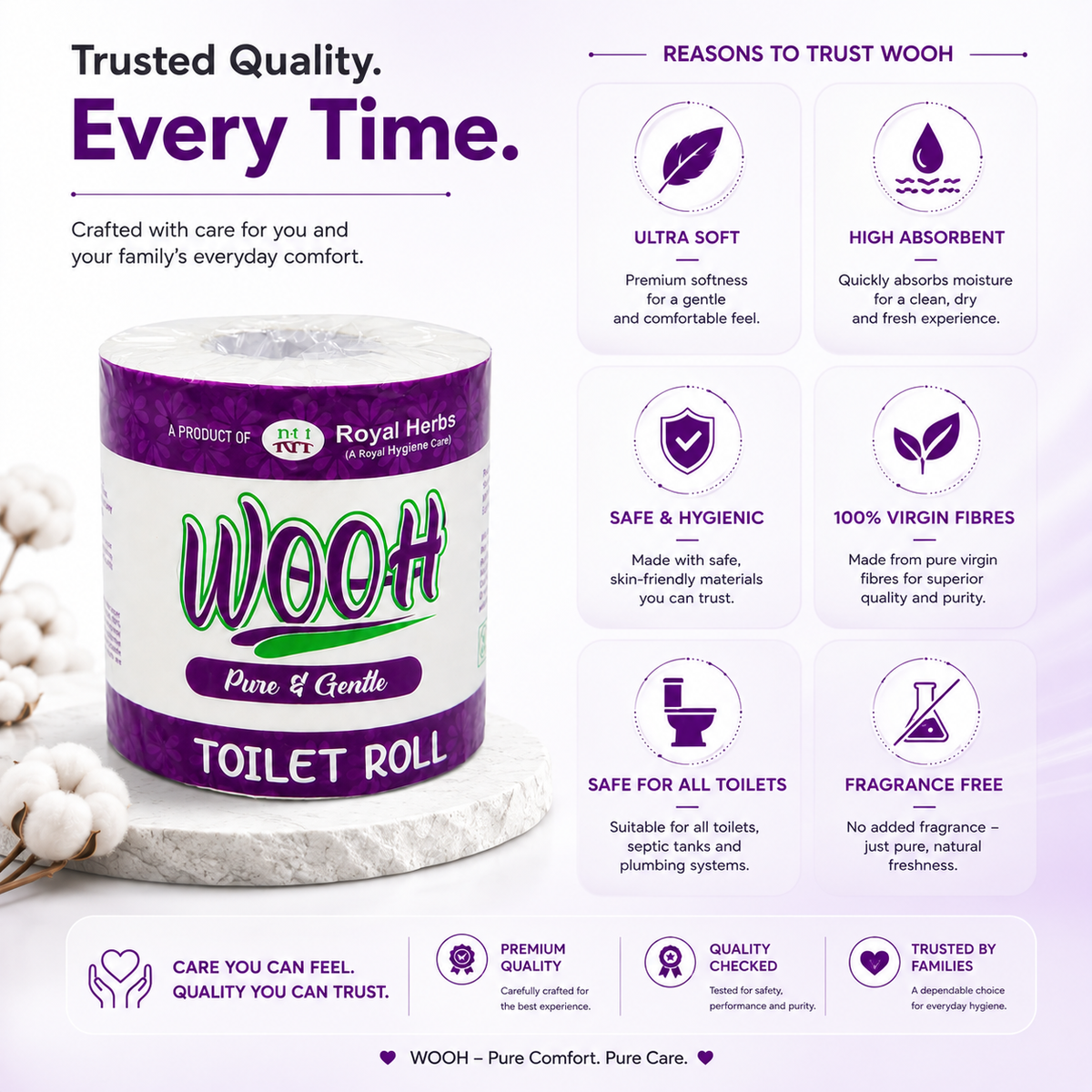 Wooh Toilet Roll 300 Sheets | Pure & Gentle | Soft Toilet Tissue | Virgin Fibre | Convenient & Hygienic | 1 Roll