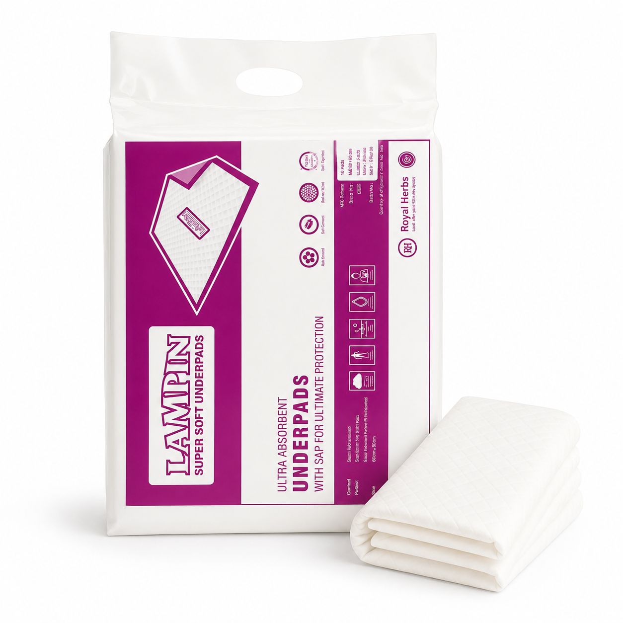 Lampin Ultra Absorbent Underpads for Adults | SAP Protection | Anti-Bacterial & Odor Control | Soft Mattress Feel | Diamond Pattern | 100% Virgin Pulp | Pack of 10