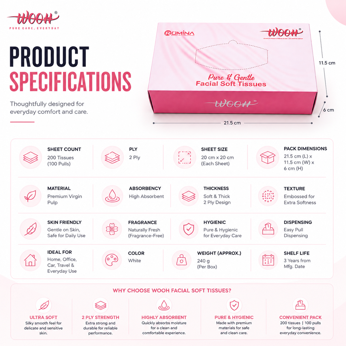 Wooh Facial Soft Tissues | Pure & Gentle | 2 Ply | 200 Tissues | 100 Pulls | Soft Facial Tissue for Everyday Use