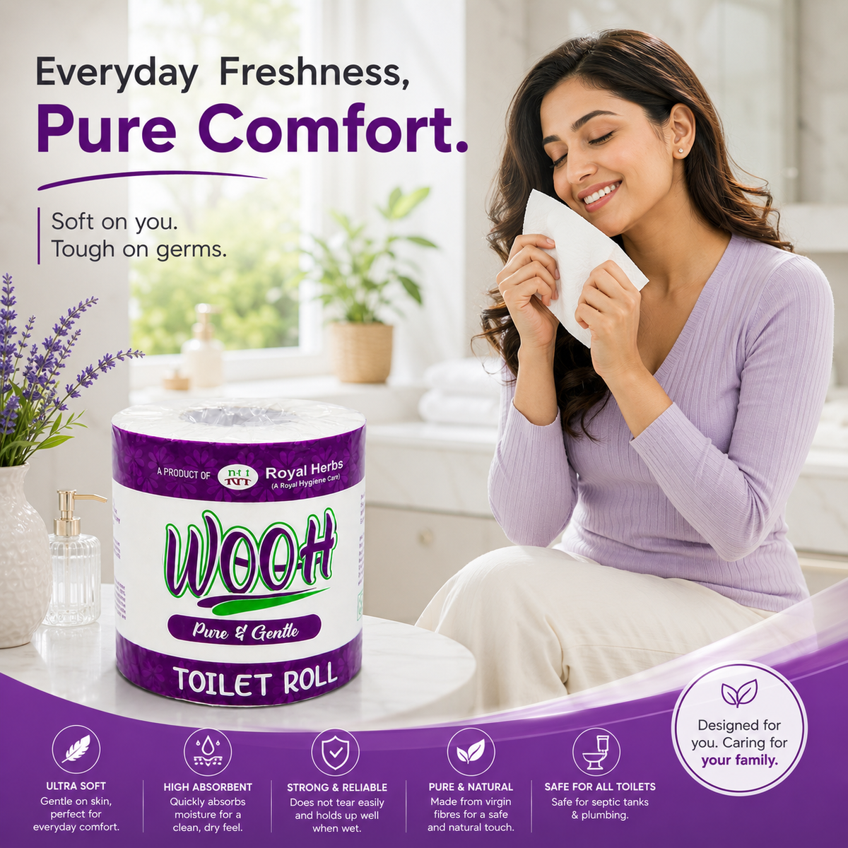 Wooh Toilet Roll 300 Sheets | Pure & Gentle | Soft Toilet Tissue | Virgin Fibre | Convenient & Hygienic | 1 Roll