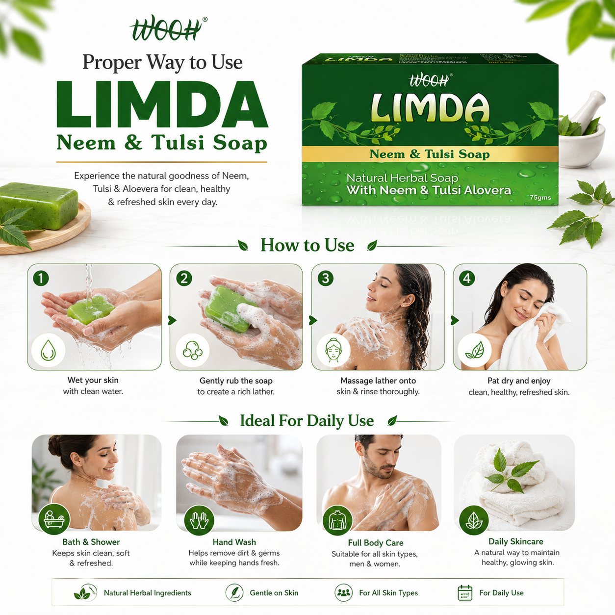 Wooh Limda Soap | Neem & Tulsi Soap | Herbal Personal Care Soap | Daily Skin Cleansing | 75g