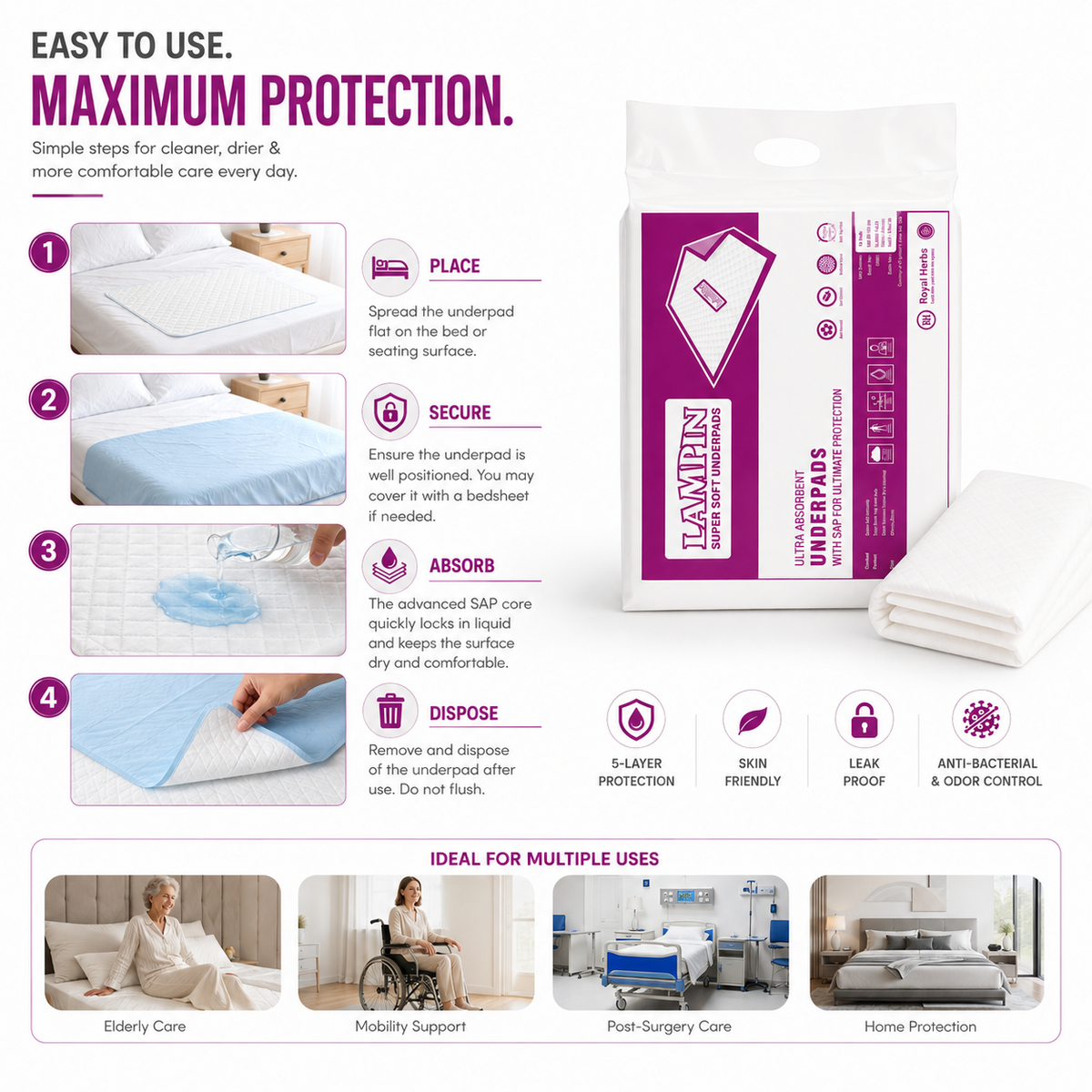 Lampin Ultra Absorbent Underpads for Adults | SAP Protection | Anti-Bacterial & Odor Control | Soft Mattress Feel | Diamond Pattern | 100% Virgin Pulp | Pack of 10