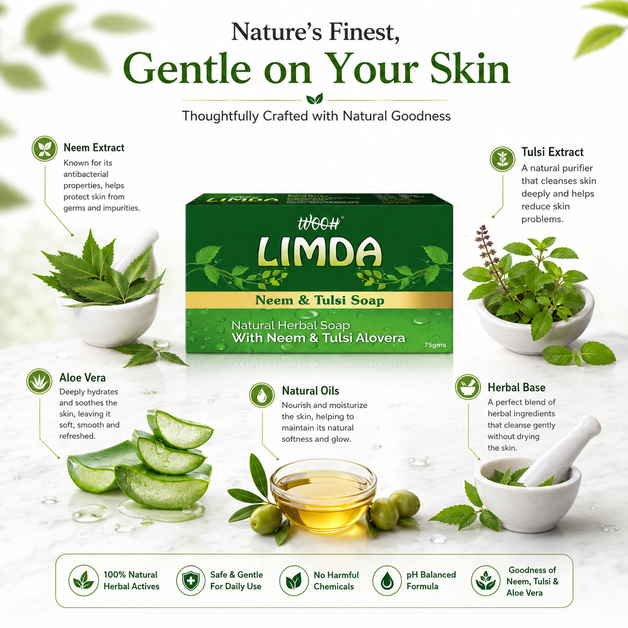 Wooh Limda Soap | Neem & Tulsi Soap | Herbal Personal Care Soap | Daily Skin Cleansing | 75g