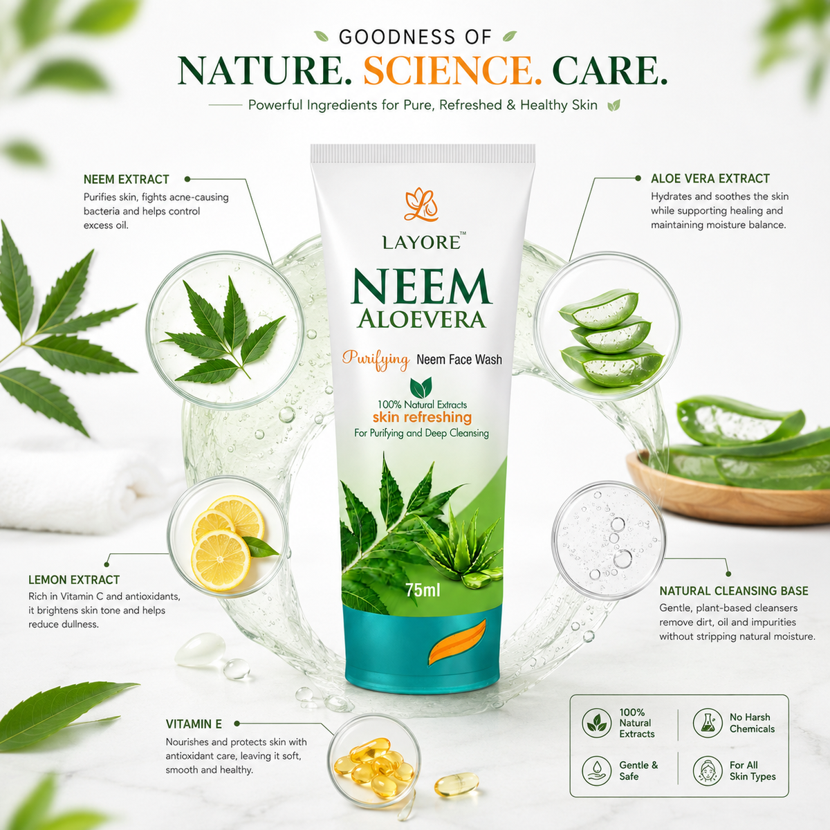Layore Neem Face Wash 75ml | Purifying Neem Facewash | 100% Natural Extracts | Neem, Lemon & Aloe Vera Extracts | Deep Cleansing & Skin Refreshing