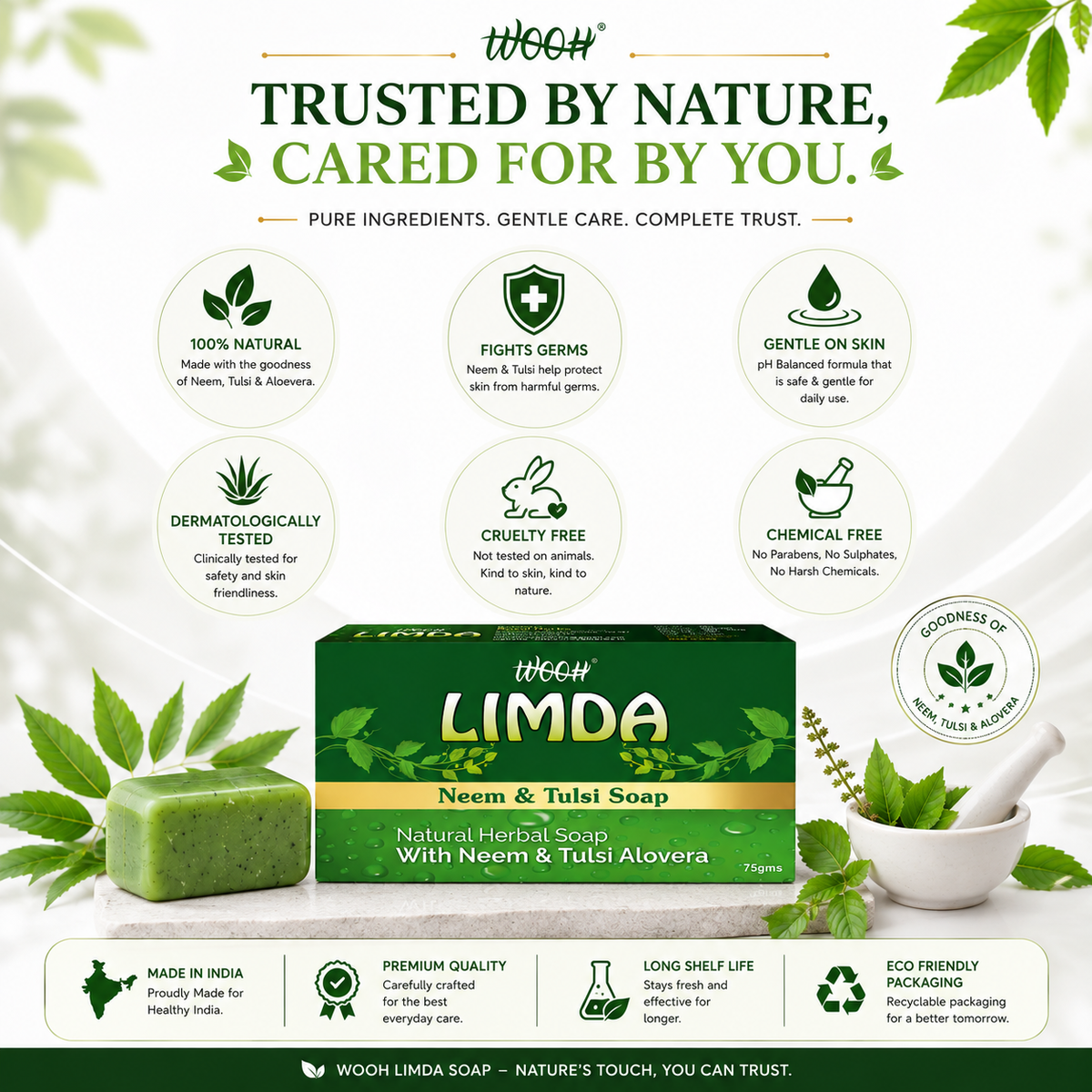 Wooh Limda Soap | Neem & Tulsi Soap | Herbal Personal Care Soap | Daily Skin Cleansing | 75g
