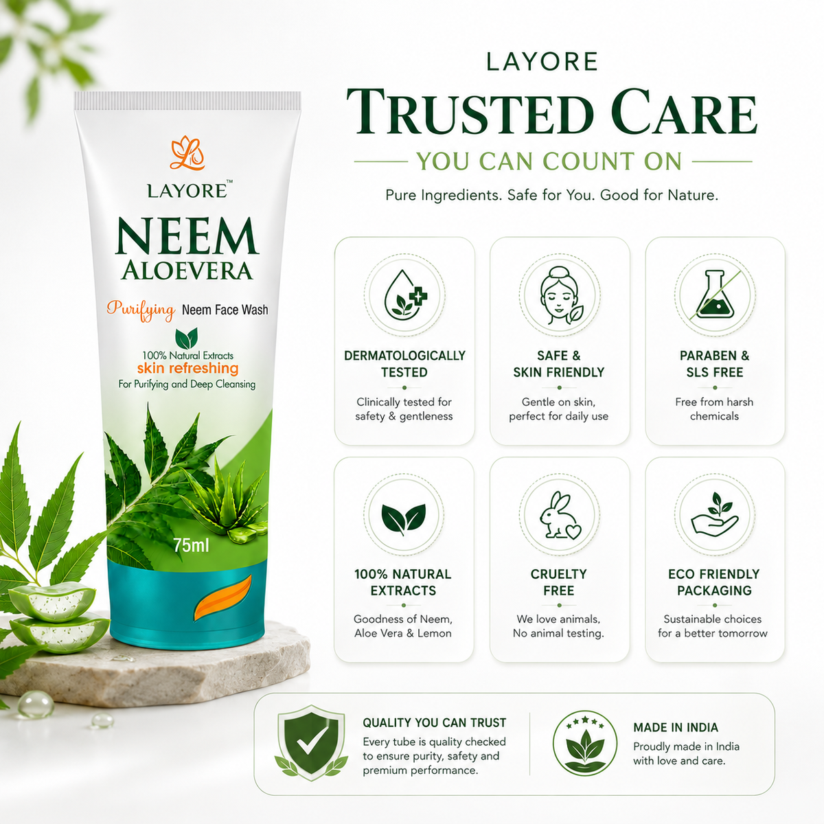 Layore Neem Face Wash 75ml | Purifying Neem Facewash | 100% Natural Extracts | Neem, Lemon & Aloe Vera Extracts | Deep Cleansing & Skin Refreshing