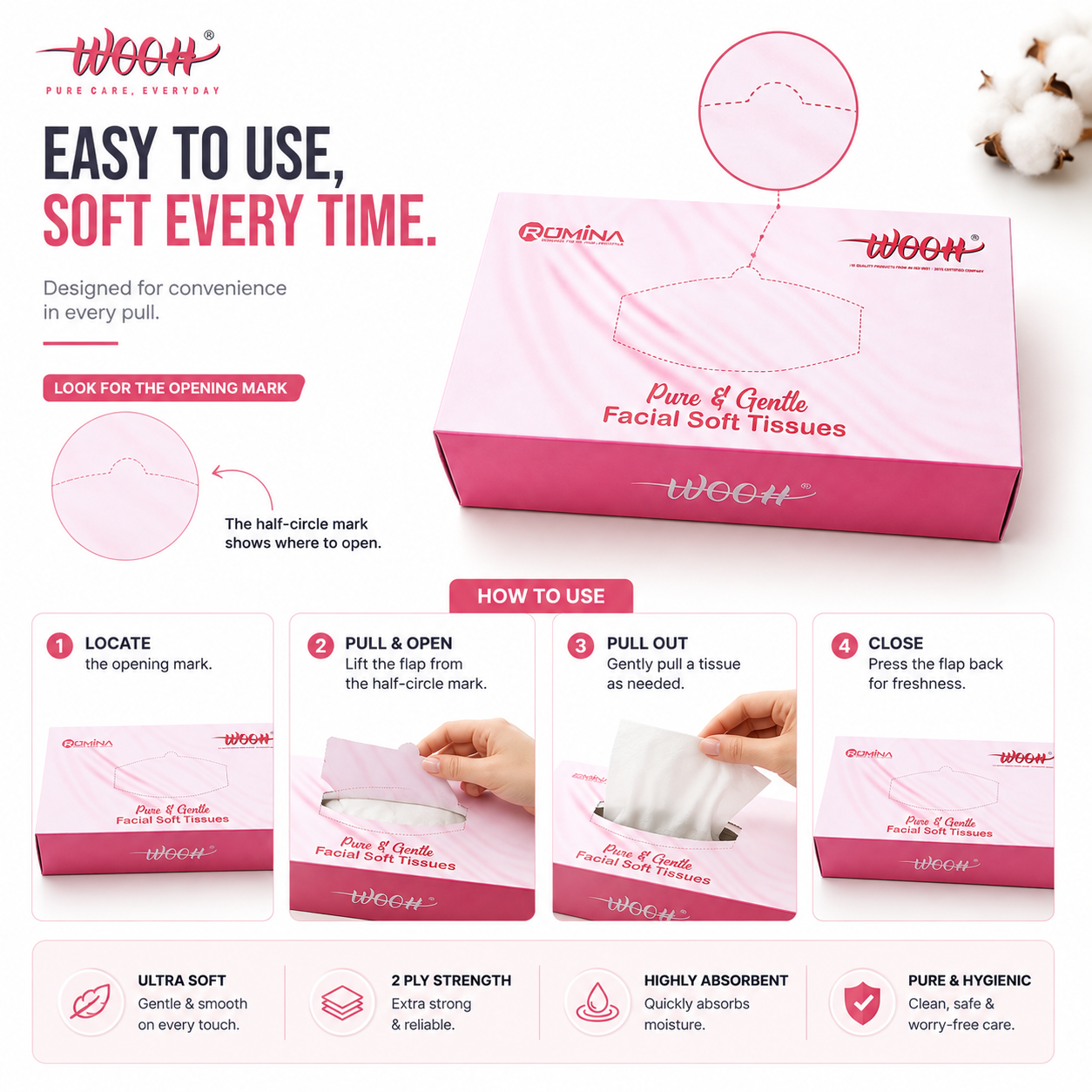 Wooh Facial Soft Tissues | Pure & Gentle | 2 Ply | 200 Tissues | 100 Pulls | Soft Facial Tissue for Everyday Use