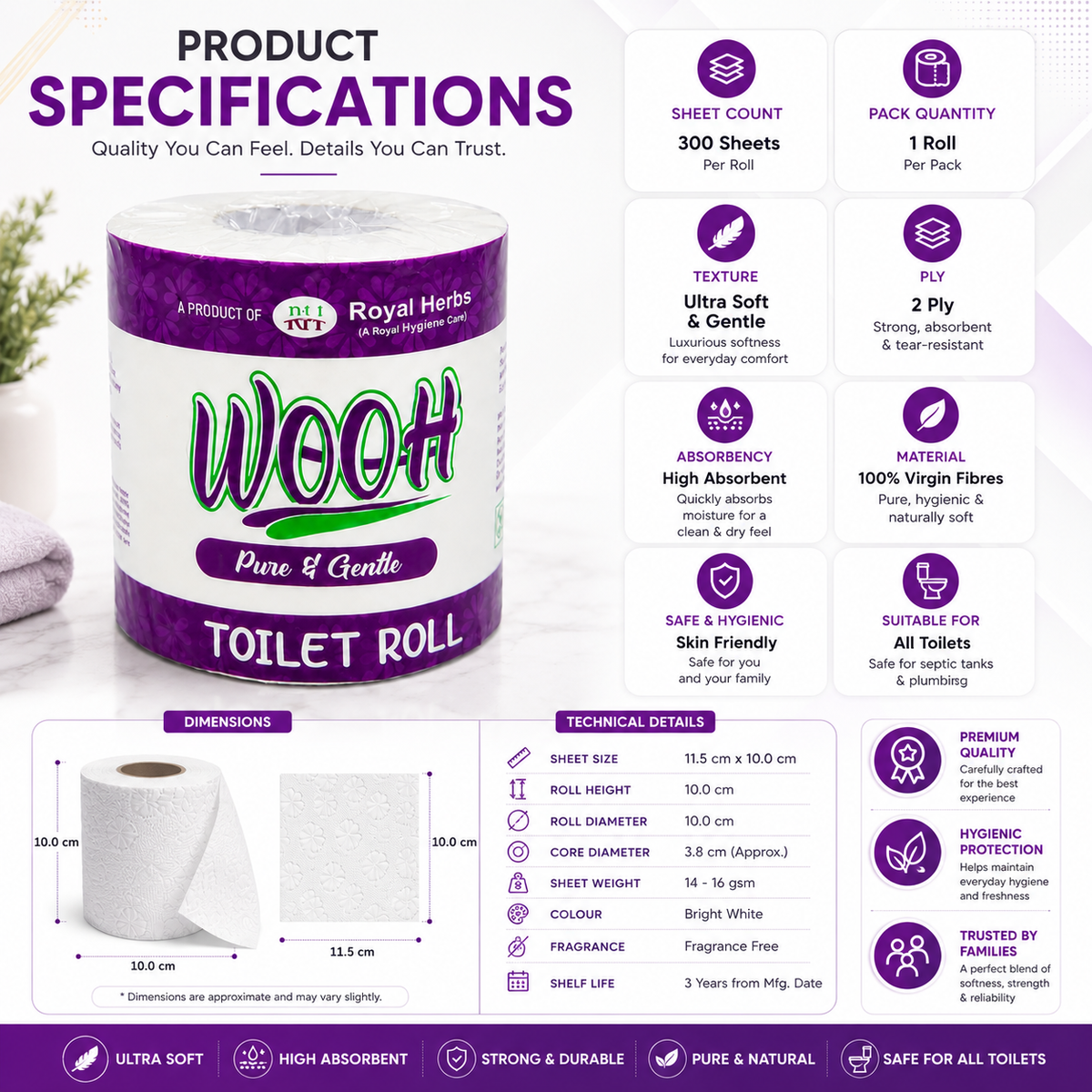 Wooh Toilet Roll 300 Sheets | Pure & Gentle | Soft Toilet Tissue | Virgin Fibre | Convenient & Hygienic | 1 Roll